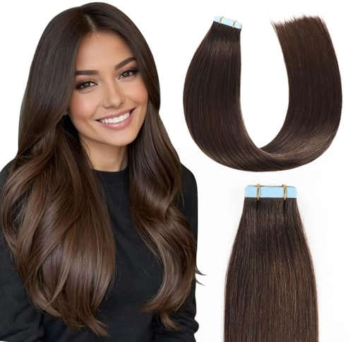 MissMe Tape Extensions Echthaar Remy Haarverlängerung Echthaar 35cm #2 Dunkelbraun Invisible Tape in Extensions Echthaar 40g 20 Stück 14 Zoll Tape Ins Natürlich Erweiterungen Schokolade Braun