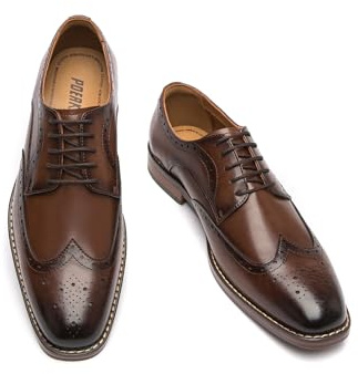 Poerkan Men's Oxford & Derby Formal Dress Shoes: Lace - up Leather Classics in Black And Brown with Patent Brogue Details