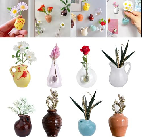 WDKXCN Mini Vase Fridge Magnets, 8Pcs Plant Mini Vase Magnets for Fridge, Resin 3D Funny Fridge Accessories, Fridge Magnets for Kitchen & Office Metal Surfaces Decoration