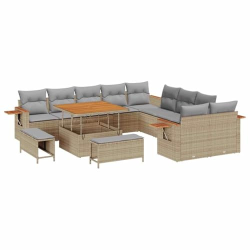 vidaXL 13-teiliges Garten-Sofa-Set mit Kissen in Beige aus Poly Rattan und Akazie | Wetterfestes Outdoor-Modular-Sitzmöbel für 8 Personen, stylische Terrassen-Lounge