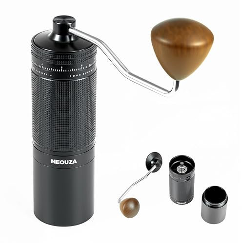 NEOUZA Molinillo de café manual profesional con 100 clics ajustables, rebaba de acero inoxidable 420 de 7 puntos (resistencia extrema al desgaste), aluminio aeronáutico para espresso, vertido, prensa