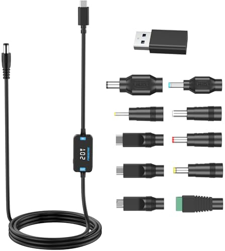 FARSENSE USB C to DC Adapter, Barrel PD Trigger Cable (3.3ft), with 10 Connector Tips, USB to DC Power Cable can switch voltage by pressing the key, support LED display voltage