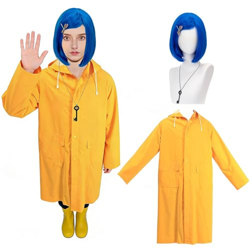 KEELYY Karneval Kostüm Damen, Coraline Gelber Regenmantel marineblaue Perücke Halskette Libelle Haarspange Regenmantel Cosplay Kostüm Accessorie für Halloween Faschingskostüme Mottoparty