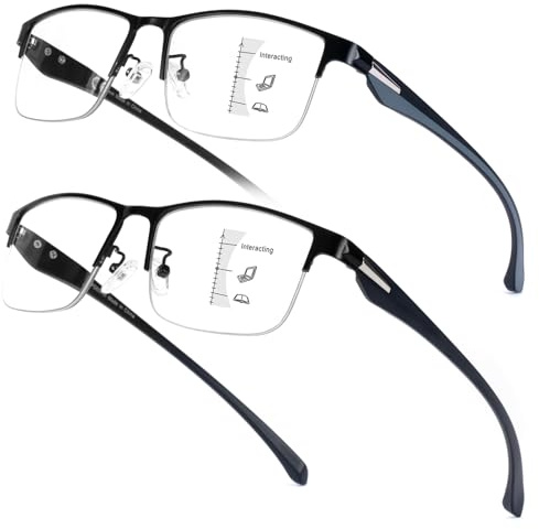 Missfive 2er Pack Gleitsichtbrille, Progressive Multifokus Lesebrille mit TR90 Bügel, Gleitsicht-Lesebrille, Blaulichtfilter, Halbrahmen, Nähe-Mittlere Entfernung, 3.0x