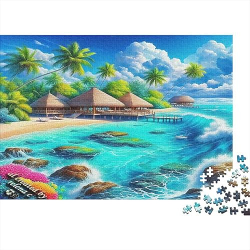 Puzzle Paesaggio Costiero in Cartone Riciclato Sostenibile Colorato Educativo Decompressivo | Puzzle Bungalow su Palafitte Tropicali per Adulti e Famiglie 52x38cm/1000 Pezzi