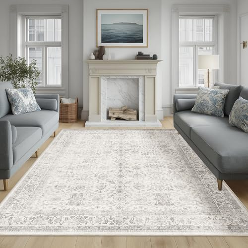 Beauoop Vintage Teppich 200x300 cm Grau Waschbar Wohnzimmer Schlafzimmer | Kurzflor Weich Rutschfest Groß Carpet Retro Persischer Esszimmer Büro Teppiche Gegend Area Rug for Living Room Bedroom