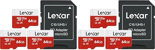 Lexar Carte Micro SD 64 Go Lot de 6 Cartes, Carte Mémoire Micro SD+ Adaptateur, Microsdxc Carte TF jusqu'à 100 Mo/s, A1, U3, C10, V30, Full HD et 4K UHD pour Caméra, Telephone, Switch