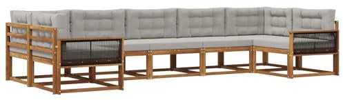 vidaXL Outdoor-Sofagarnitur mit Kissen 7 pcs Natürlich und Hellgrau, Modernes Ecksofa-Set, stylische Gartenlounge, Möbel für Terrasse, wetterfest am Pool