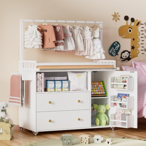 MSFE Table à Langer avec Roulettes, Large Plateau de Table et Portant à Vêtements, Commode à Langer pour comme Table à Langer ou Meuble de Rangement, Aucun matelas à langer inclus,Deux paquets