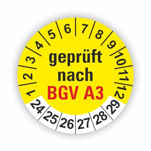 Fassbender-Druck PRÜFPLAKETTEN - Hochwertige Prüfetiketten BGV A3 PRÜFUNG Ø 30mm - Selbstklebende PVC-Folie - Wartungsetiketten für Prüfung - Prüfplakette für Prüfungsnachweis (30 Stück)