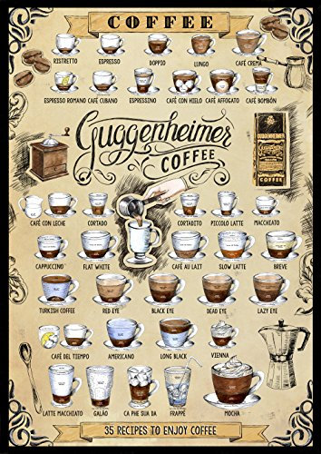 Cafe Poster - 35 Rezepte für Kaffee und Enjoy Coffee - Bild 50 x 70 cm - Für Café, Bar und Pub Service