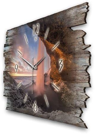 Kreative Feder Designer Wanduhr „Wasserfall“ aus Holz 40x27cm im Shabby Style Design - Designeruhr mit flüsterleisem Uhrwerk ohne Ticken (Wasserfall, leises Funkuhrwerk)