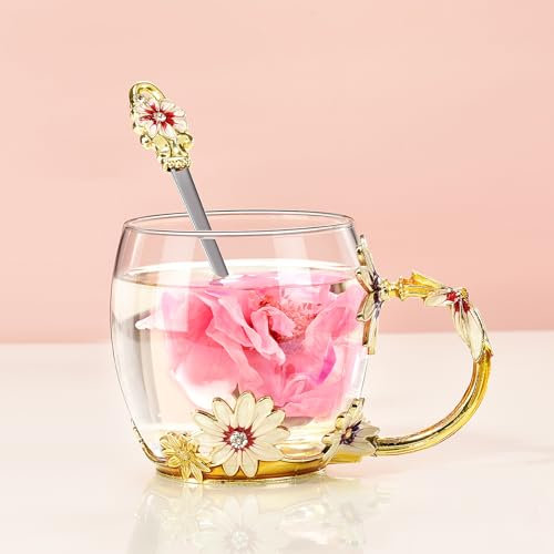 Wisolt Cadeau Fete des Meres Idee Cadeau Femme, Cadeau Maman, Cadeau Grand Mere, Cadeau Noel Femme, Cadeau Personnalisé, Tasse à Thé en Verre émaillé avec Cuillère et Tasse à Café
