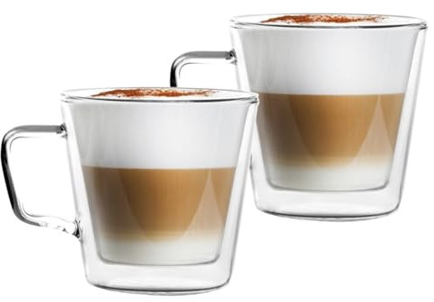 Vialli Design Set 2 x Thermogläser Doppelwandig mit Henkel 400 ml, Gläser für Latte Macchiato, Cappuccino, Diva Kollektion, Kaffeetassen, Kaffeegläser, Hitzebeständiges Glas, Transparente