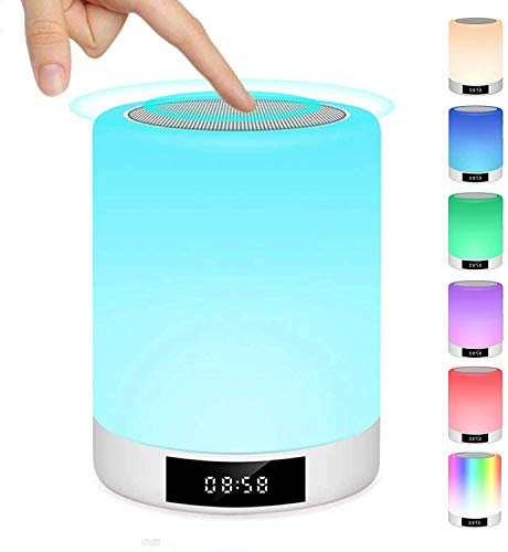 Warmfunn Lamparas de Mesita de Noche, Tátil Regulável Multicor Lámpara de Mesa con Altifalantes Bluetooth/Radio FM/Despertador, Recargable Luz Nocturna Presentes para Adolescentes Infantil niñas