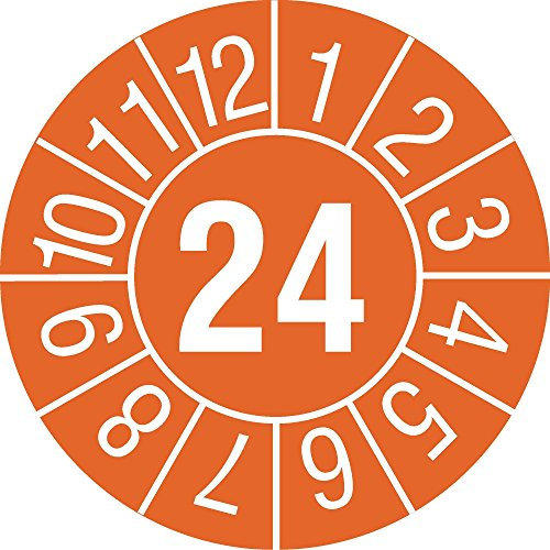 TE-Office 500 Stück Rolle Prüfmarken Prüfplaketten Jahresprüfplakette Jahreszahl Aufkleber Laminiert 30mm 2024 Orange