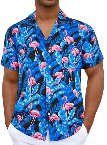 iCKER Hawaiian Beach Shirt Mens Short Sleeve Floral Classic Print Casual Regular Fit, Navy Blue-Flamingo, L