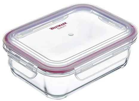 Westmark Glas-Frischhaltedose, mit Clip-Deckel, Füllvolumen: 1520 ml, luftdicht, tiefkühl- und mikrowellengeeignet, ofenfest, BPA-frei, Glas/Kunststoff/Silikon, Klar/Rot, 234422E1