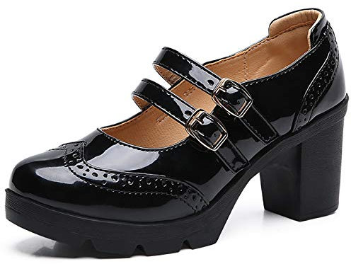 PPXID Women's Mary Jane Pumps Mid Block Heel Dress Court Shoes Dual Strap Black 4.5 UK