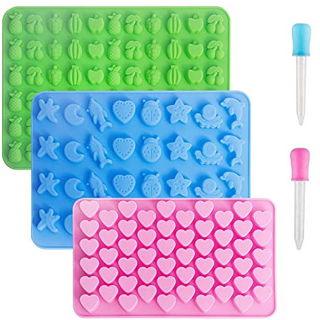 Vpqnee - Paquete de 3 moldes de silicona para chocolate, con forma de corazones pequeños, frutas, animales marinos y 2 goteros para hacer gomitas, caramelos, chocolate
