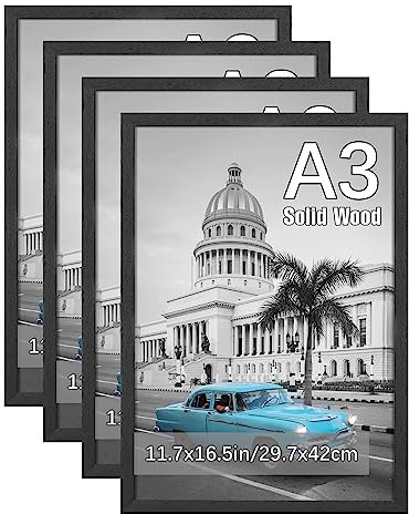 Veelot A3 Fotorahmen schwarz Massivholz Fotorahmen 4er Set mit HD Ple-xiglas für Galerie Urkunde Dokument Heimdekoration (30x42cm)