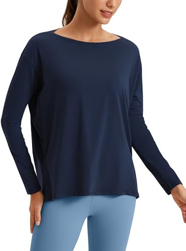 CRZ YOGA Women's Pima Cotton Casual Long Sleeves Yoga Workout Shirt Boat Neck Sports Long Sleeve Top Navy 8