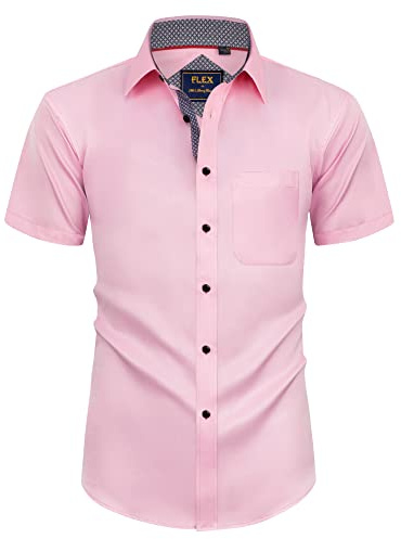 Alimens & Gentle Chemise à Manches Courtes pour Homme Infroissable avec Poche, Rose, Taille L