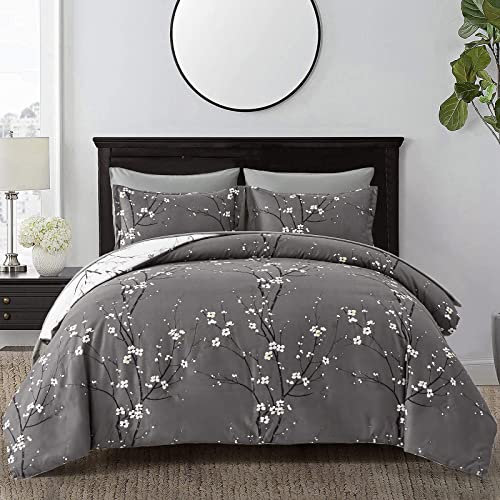 Grey White Reversible Floral Bedding Set 3 Pieces Tree Branch and Plum Flower Printed Duvet Cover Set with 2 Pillowcases Botanical Branch Soft Microfiber Double Size 200x200 cm
