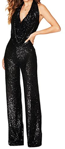 ORANDESIGNE Damen Jumpsuit Elegant Ärmellos Tiefer V-Ausschnitt Hohe Taille Overall mit Pailletten Cocktail Party Festlich Overalls Hosenanzug Playsuit Lang Romper Z Schwarz 40