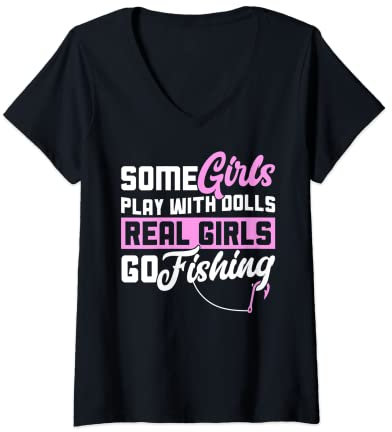 Damen Lustige Angelbekleidung für Frauen echte Frauen zum Angeln gehen T-Shirt mit V-Ausschnitt
