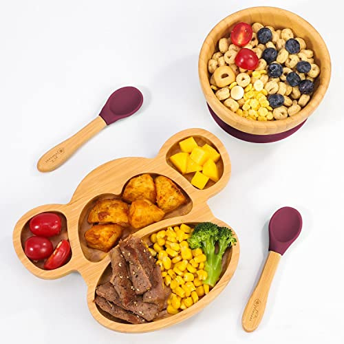 Vinsani Baby Bamboo Weaning Set, Suction Plate, Bowl & Spoon for Toddler