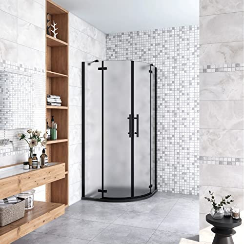 90x90x195 cm Box Doccia Semicircolare Apertura Battente Saloon Vetro 6 mm Temperato Satinato Anticalcare con 2 Barre Stabilizzatrici Telai in Nero Opaco