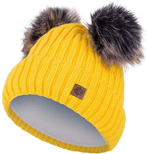Compagno Kindermütze Bommelmütze Wintermütze Beanie Strickmütze Mädchen Grobstrick 91, Farbe:Gelb