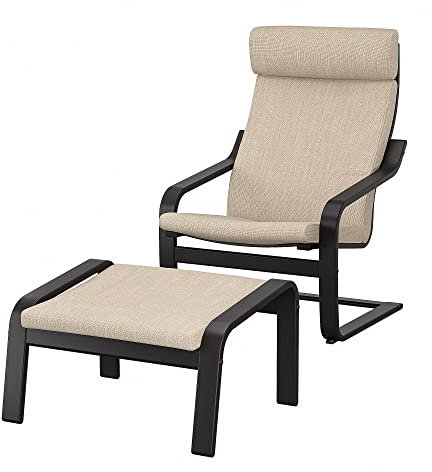 Ikea POÄNG Sessel und Fußhocker, schwarz-braun/Hillared beige
