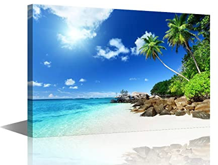 TISHIRON Canvs Wall Art Seaside Coconut Trees on Sands Beach Framed Artwork Landscape Canvas Print for Living Room Bedroom Home Decorations Wall Decor 8x12inch (20x30cm)