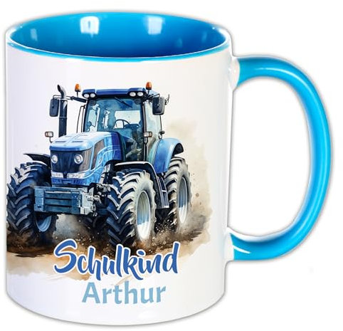 Unikatolo Tasse Schulkind mit Name personalisiert Geschenk Schulanfang Namenstasse Schulstart Kinder Schultüte Junge Einschulung Zuckertüte Erste Klasse Kleinigkeit Mitbringsel (Traktor blau)