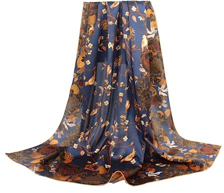 ANDANTINO Schal aus 100% reiner Maulbeerseide, 110 cm, groß, quadratisch, leicht, Kopftuch und Schal, für Damen, mit Geschenkverpackung, Blaue Blumen und Vögel, 42
