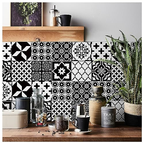 Lot de 24 autocollants 3D pour carrelage de cuisine et salle de bain Motif écailles de poisson Noir et blanc 15 x 15 cm