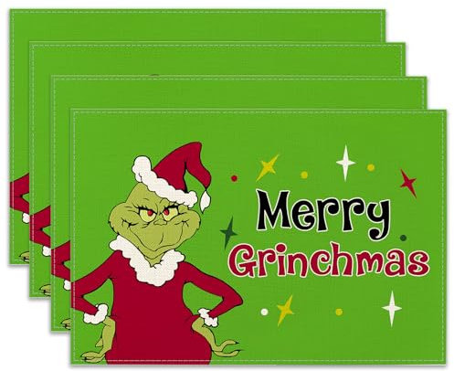 Ohok Weihnachten Tischsets Abwaschbar 4er Set, Polyester Leinen Platzdeckchen 30x45cm, Weihnachten Tischuntersetzer Platzsets für Küche Speisetisch Hotel Weihnachts Tischdeko (Grinchmas Grün)