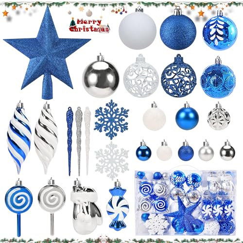 130 Pezzi, 6cm Infrangibile Palline Albero Natale, Ornamento Glitter, Blu e Bianco, Per Matrimoni,Decorazioni Per Feste