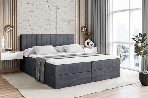 ALTDECOR Boxspringbett mit Matratze und Lattenrost, Boxbett, Topper, Polsterbett mit Bettkasten, Bett mit Stauraum H4-Matratze, Doppelbett, Springboxbett - Edita - 180x200 - Dunkelgrau Samt