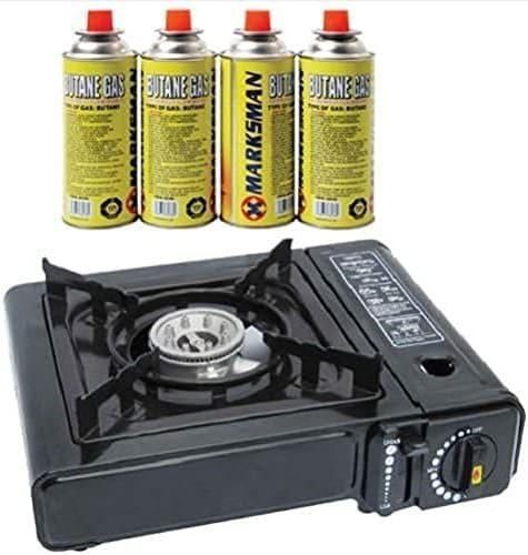 MEA Portable Stove - Gas Powered, Butane and Propane, Stainless Steel, 500 Watts, Camping Cooking Set with Automatic Ignition, 4 Butane Canisters, Carry Case