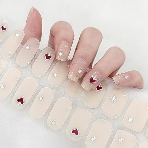 Semi Cured Gel Nails Strips 22 Stickers Nail Wraps Soft Self-Adhesive Heart Design Gel Nail Stickers Salon-Quality Gel Nail Strips For Nails Manicure UV/LED Lamp Required (110-Brave Heart)
