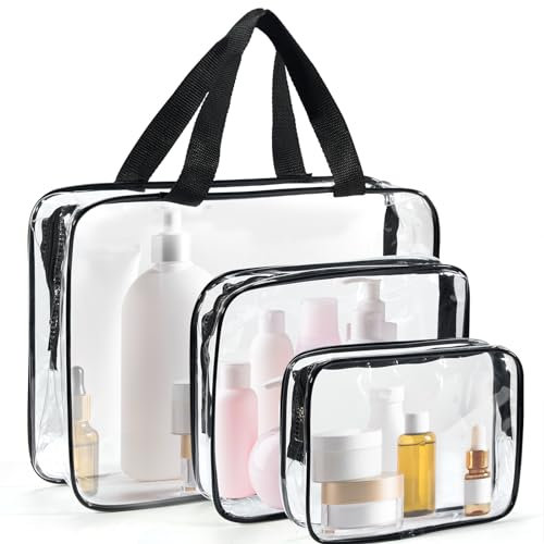 3PCS Trousse de Toilette Transparente, Trousse Transparente Voyage, Trousse de Toilette Avion, PVC Étanche Trousse de Maquillage, Sac de Rangment Transparente Sac Cosmétiques pour Homme et Femme