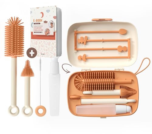 Goupillon biberon en Silicone avec Égouttoir, Brosses pour tétines et pailles, Distributeur de Savon | Accessoire Essentiel de Puériculture pour Bébé | Pliable et Portable | Idéal pour Voyage