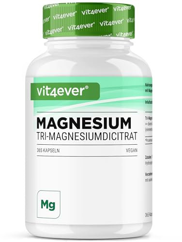 Magnesiumcitrat - 365 Kapseln - 2250mg davon 360 mg elementares Magnesium je Tagesportion - 100% Tri-Magnesiumdicitrat ohne Zusätze - Laborgeprüft - Hochdosiert - Vegan
