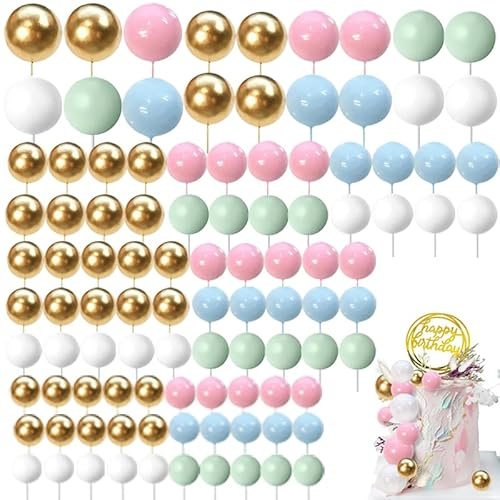 BSITSSS 100 Stück Tortendeko Kugeln Tortendeko Geburtstag, Kugel Cake Topper Mini Schaum Ball Kuchen Dekoration Happy Birthday Cake Topper DIY Torten Deko (Gold Grün Weiss Rosa Blau)