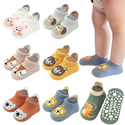 VEGCOO 7 Pares de Calcetines Antideslizantes para Bebé Niño Niña, Calcetines Antideslizantes de Algodón con Estampado de Animales de Dibujos Animados para Niño Niña (1-3 años)