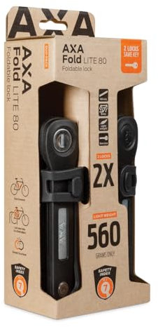 AXA Fold Lite 80 Duo Pack, Set mit 2 Faltschlössern, 80 cm lang, 4 gleiche Schlüssel, mit 2 Halterungen, leichtes Fahrradschloss, auf doppelte Länge verbinden