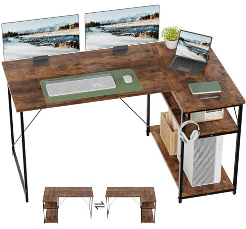 TRIUMPHKEY Escritorio Esquinero en L de 140x80 cm con Almacenamiento, Escritorio de Esquina con Estante Reversible, Estable Mesa Ordenador en L para Oficina, Estudio o Secretaría, Marrón